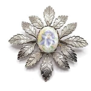 Vintage 1950s Hand Painted Porcelain Floral Brooch Silver Tone Leaf Frame 2"